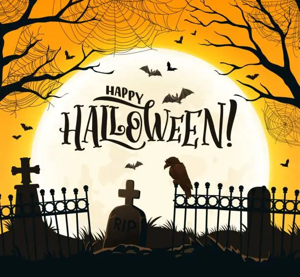 Vector illustration of Halloween banner with cemetery silhouette, raven