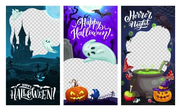 Vector illustration of Halloween holiday social media templates, monsters