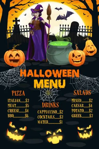 Vector illustration of Halloween menu page with witch, cemetery, pumpkins