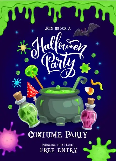 Vector illustration of Halloween party flyer, slime and potion cauldron