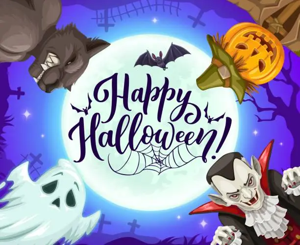 Vector illustration of Halloween holiday characters, cemetery background