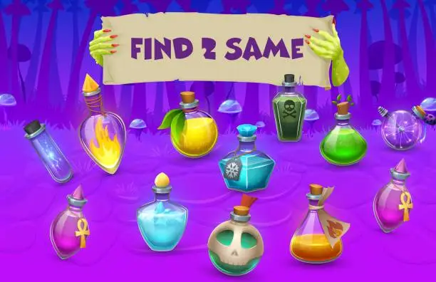 Vector illustration of Find two same Halloween potion bottles, kids game