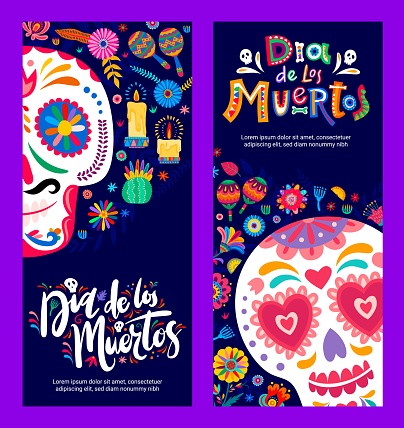 Dia de Los Muertos or Day of Dead holiday banners with Mexican calavera skulls, vector background. Mexico Dia de Los Muertos carnival fiesta greeting cards with skulls in floral Mexican ornament