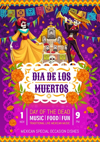 Dia De Los Muertos, Mexican holiday party flyer, Day of Dead event vector invitation poster. Mariachi musician skeleton in sombrero and Catrina calavera at altar with marigolds for Dia De Los Muertos