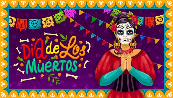 Mexican Dia de Los Muertos holiday banner with Catrina calavera, vector papel picado flags frame. Dia de Los Muertos and Day of Dead Catrina calavera with skulls, bones and marigold flowers for fiesta