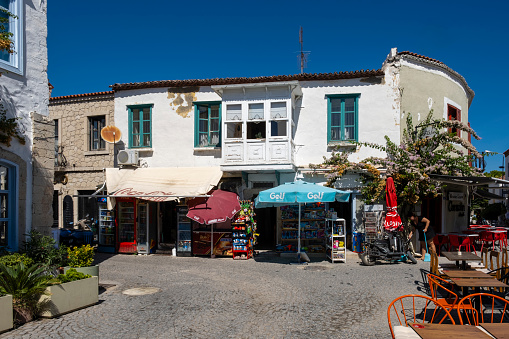 Istanbul, Turkey - September 15, 2023:Alacati, a touristic place famous for its historical stone houses and beaches suitable for windsurfing. General and touristic views from the center of Alaçatı.