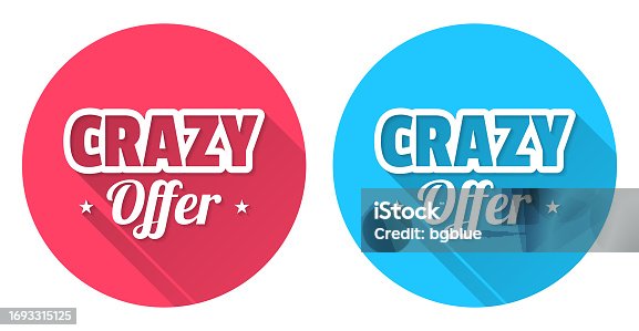 istock Crazy Offer. Round icon with long shadow on red or blue background 1693315125