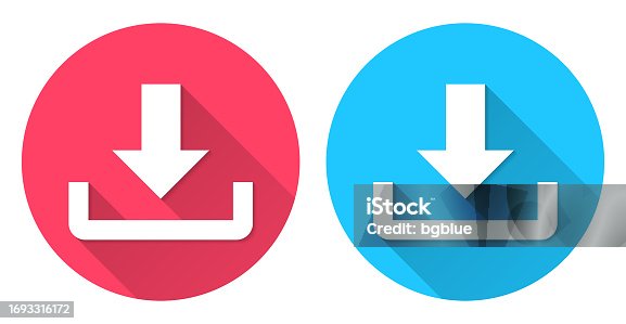 istock Download. Round icon with long shadow on red or blue background 1693316172