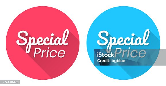 istock Special Price. Round icon with long shadow on red or blue background 1693316178