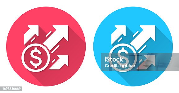 istock Dollar increase. Round icon with long shadow on red or blue background 1693316669