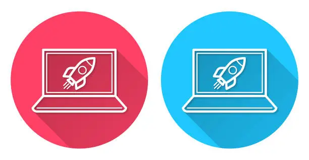 Vector illustration of Laptop with rocket. Round icon with long shadow on red or blue background