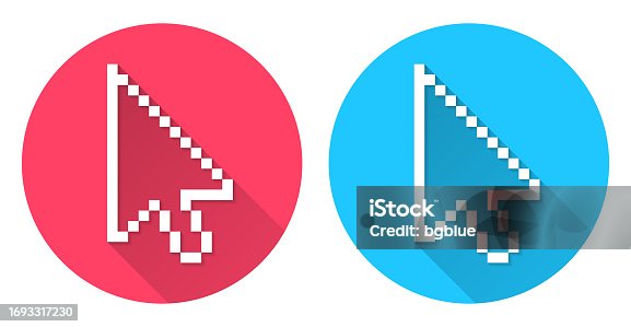istock Cursor. Round icon with long shadow on red or blue background 1693317230