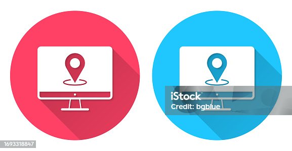 istock Desktop computer with location pin. Round icon with long shadow on red or blue background 1693318847