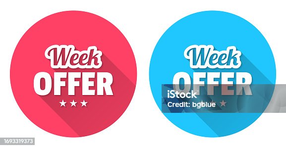 istock Week Offer. Round icon with long shadow on red or blue background 1693319373