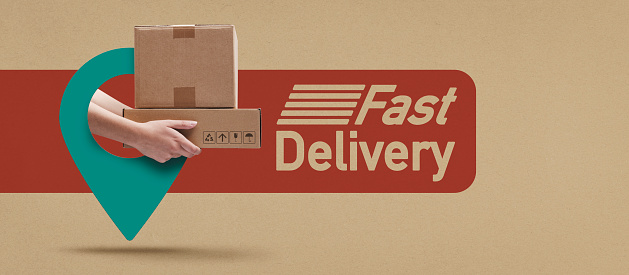 Courier delivering parcels in a GPS pin: fast delivery and delivery tracking service, blank copy space