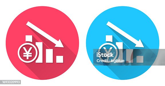 istock Chart of decreased Yen rate. Round icon with long shadow on red or blue background 1693320993