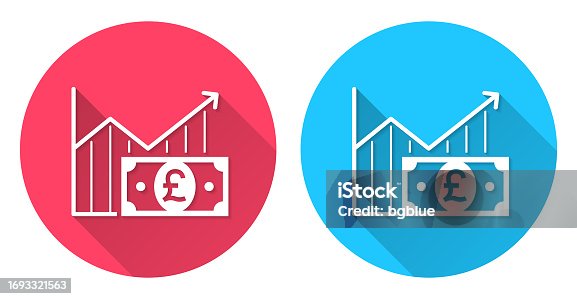 istock Growing graph with Pound banknote. Round icon with long shadow on red or blue background 1693321563
