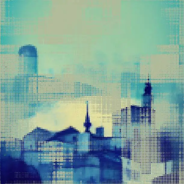 Vector illustration of Abstract cityscape halftone dots background. Vector illustration