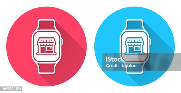 istock Online shopping with smartwatch. Round icon with long shadow on red or blue background 1693324124