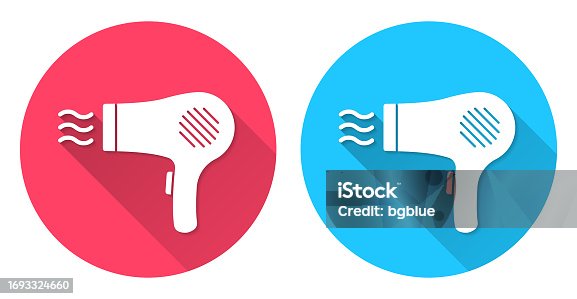 istock Hair Dryer. Round icon with long shadow on red or blue background 1693324660