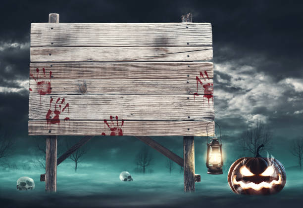 istock Old wooden sign and scary pumpkin 1693333041