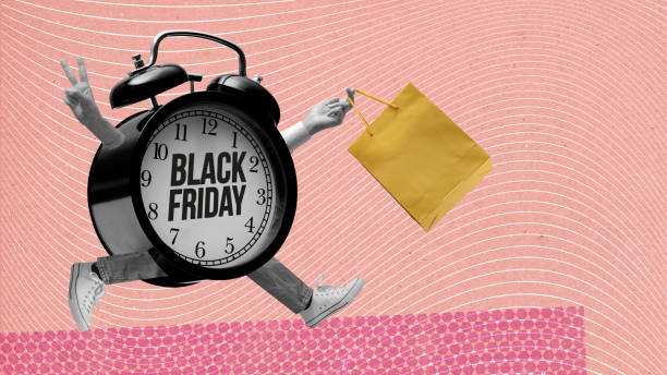 anuncio de black friday con divertido despertador - black friday fotografías e imágenes de stock