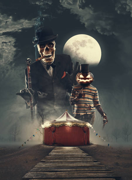 Vintage circus tent in the dark and scary horror characters in the background