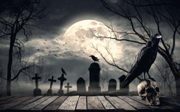 istock Creepy horror cemetery at night with crow on a skull 1693339117