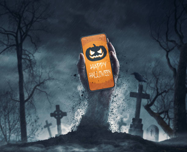 istock Zombie holding a smartphone with Halloween wishes 1693340839