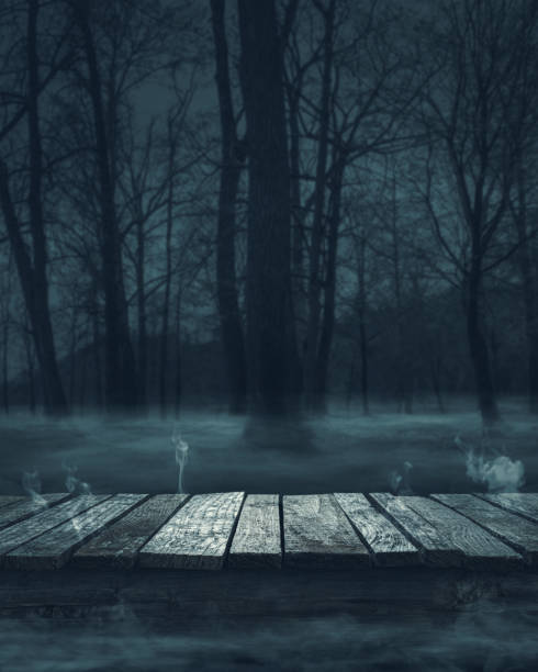 istock Old wooden pier and creepy forest at night 1693345274