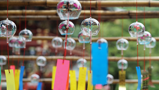 Glass wind chimes displayed in the Japan square as a summer tradition