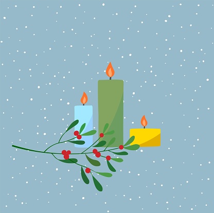 Decoration candles and Mistletoe branch illustration flat vector in cartoon style. Snowing background. Merry Christmas. For Christmas cards, banners, tag, labels, background.