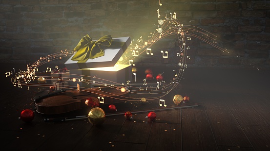 Christmas carols concept, with a violin, gift and sheet music on the wooden floor. 3d illustration.
