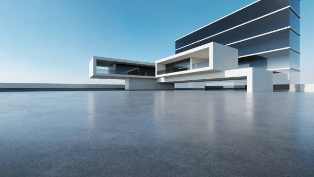 istock 3d render of abstract futuristic modern glass architecture with empty concrete floor. 1693352059