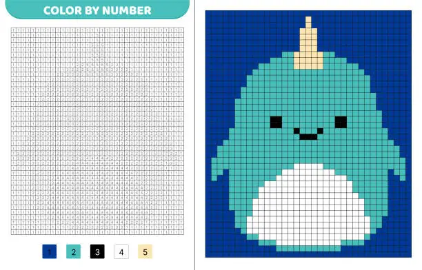 Vector illustration of Narwhal squishmallow. Color by number. Pixel coloring book. Numbered squares. Game for kids