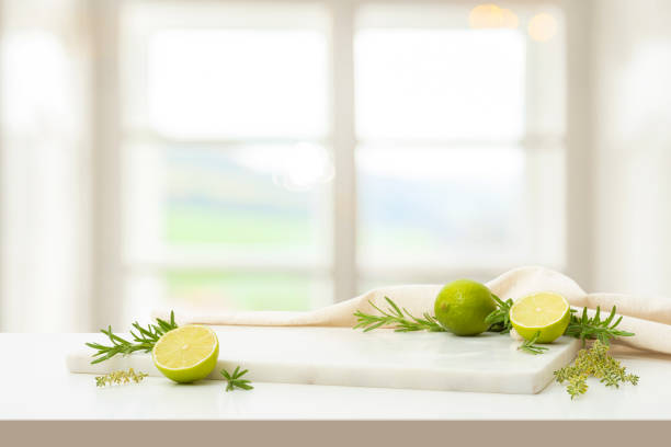 Stone platter for food display on table with lime slices