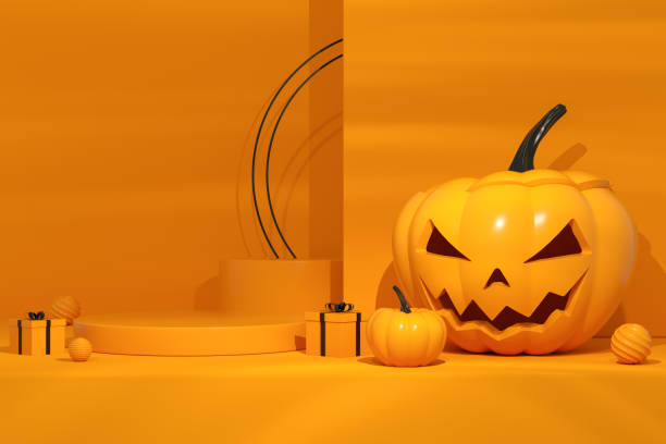 istock Halloween pumpkins on orange color background 1693371359