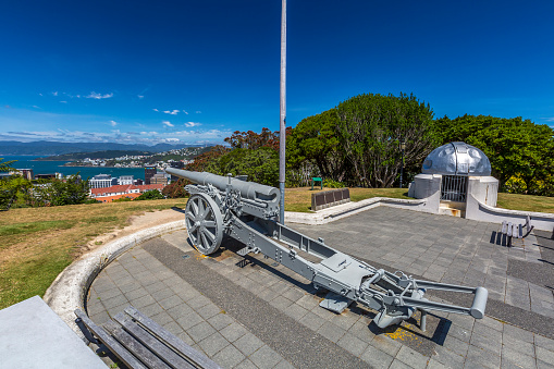 Krupp gun sits in the Botanic Gardens overlooking the city of Wellington