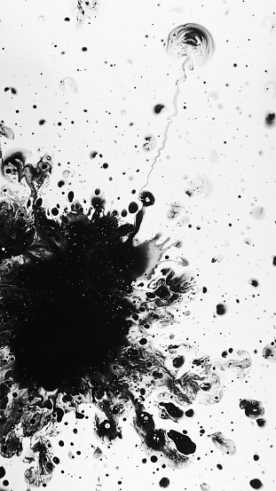 Ink splash. Oil stains. Black white illustration water whirl oil spatters spreading dark fluid drops floating creating abstract background.