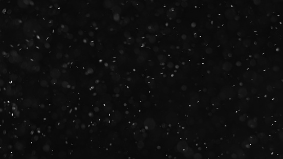 Particles overlay. Bokeh circles texture. Winter snowfall. Defocused white round powder flying on dark black copy space abstract background.