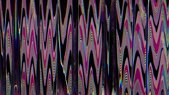 Signal error. Glitch vhs. Distorted screen. Digital colorful pattern with gradient zigzag lines noise texture analog TV on black background.