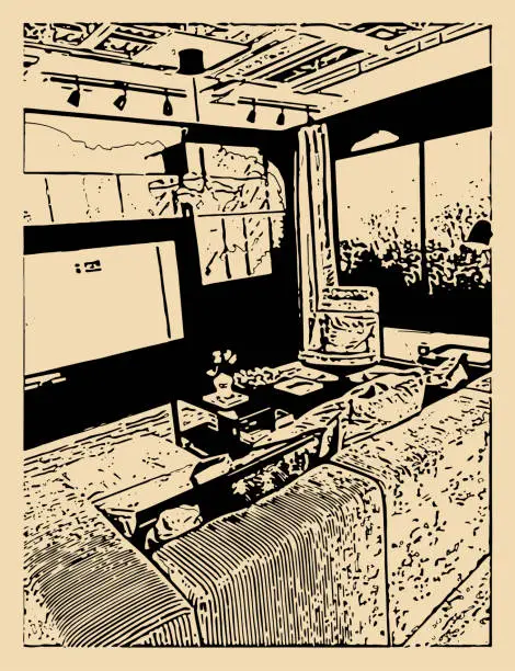 Vector illustration of woodcut style living room scene