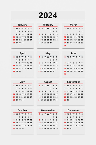 Classic monthly calendar for 2024. Calendar in the style of minimalist square shape.