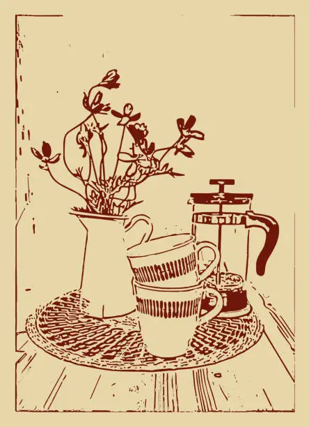 Vector illustration of woodcut style still life flowers illustration background