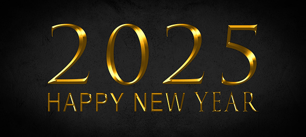 Happy New Year 2025, New Year's Eve holiday greeting card celebration illustration wih text - Golden year number on black concrete chalkboard background