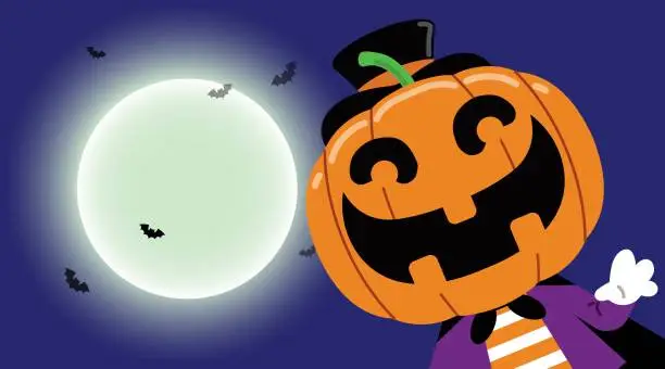 Vector illustration of Halloween cute little pumpkin character against full moon light. Vector illustration for holiday and party.
