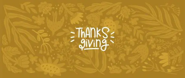 Vector illustration of Floral background in a horizontal format in autumn colors with the inscription thanksgiving. Plants, leaves and birds. Positive ornament for decorating greeting cards. Isolated vector illustration.