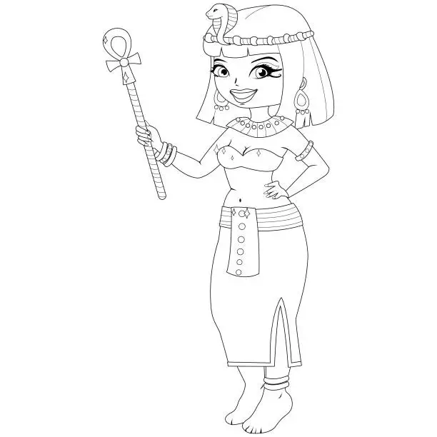 Vector illustration of Cleopatra of ancient Egypt. Vector black and white coloring page.