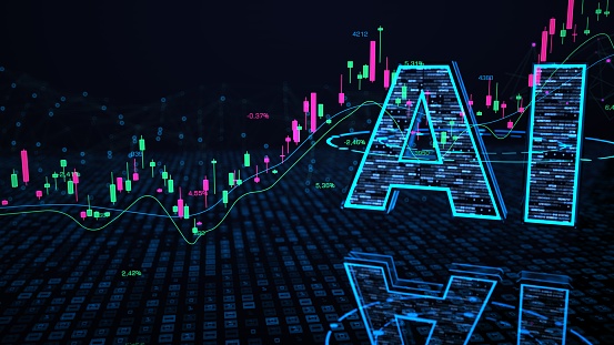 A digital candlestick chart with the letters AI in the background. 3d illustration.
