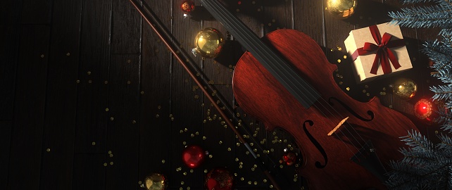 Christmas carols concept, with a violin, gift and baubles on the wooden floor. 3d illustration.